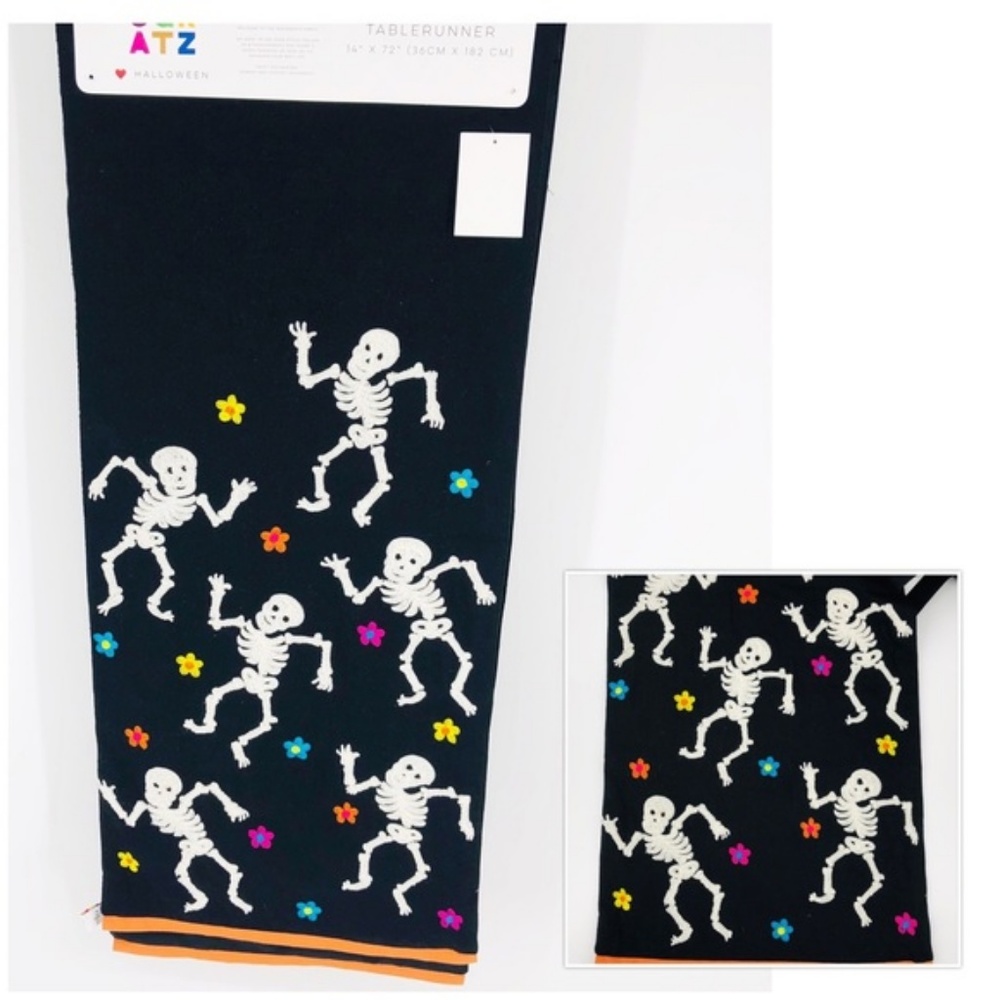 NWT Fall Halloween Embroidered Skeleton Black Table Runner